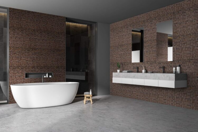 Modern,Bathroom,Corner,With,Black,Tile,Walls,,Concrete,Floor,,White